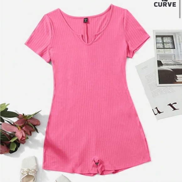 Pink Short Sleeve Ribbed Romper - Picture 1 of 3